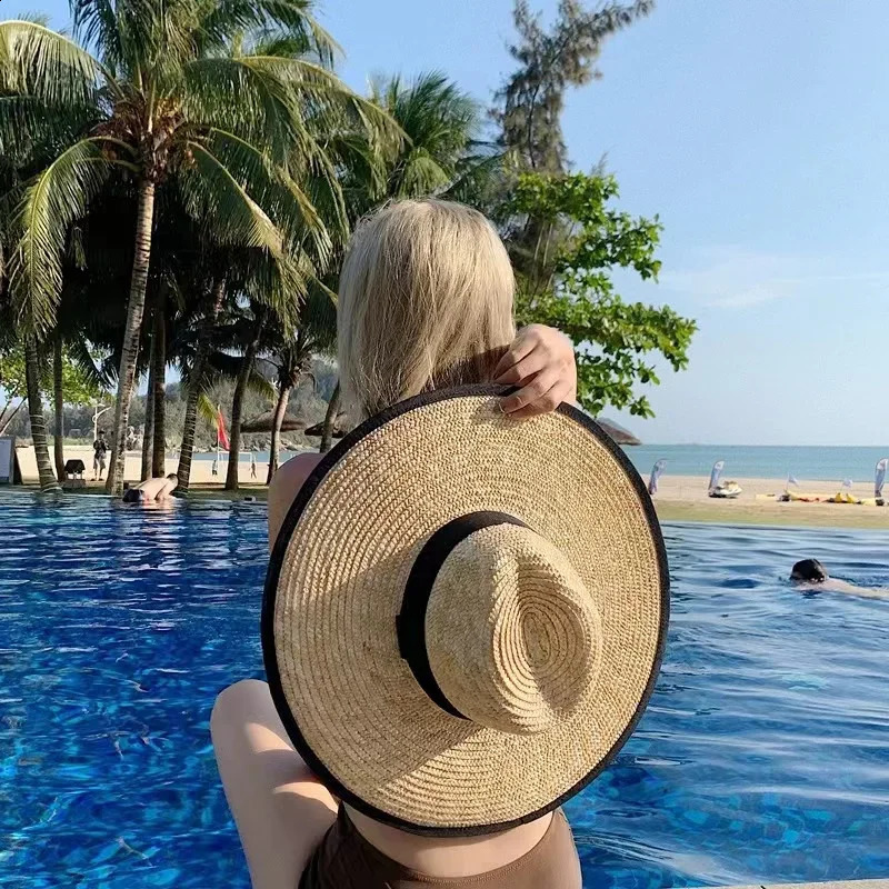 2024 Summer Natural Wheat Straw Hat Women Fashion Vacation Beach UV Sun Hats Female Wide Brim Travel Panama Wholesale 250228