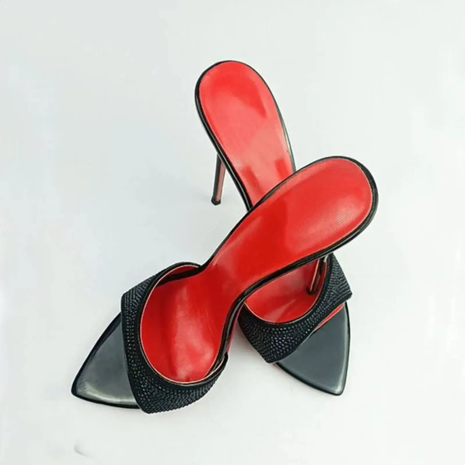 Arden Furtado Summer Suede Pointed Open toe Slip-on Thin heel Super high heel Sexy Crystal Word slippers Outdoor wear Mules 250228