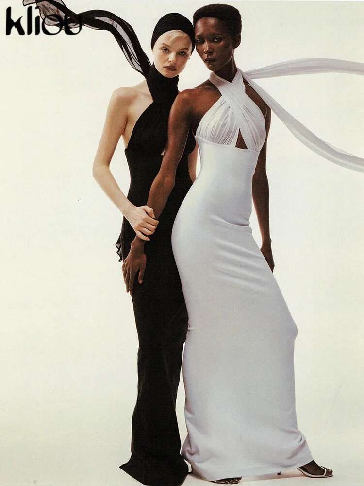 Kliou Ribbons Women Long Dress Patchwork Cross Halter Sleeveless Backless Straight Vestidos Female Elegant Evening Classic Robe