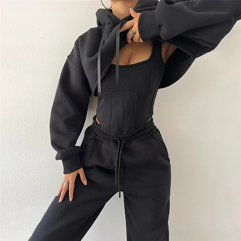 Vsstiar Women Three Piece Set Long Sleeve Hooded Crop Top Irregulary Tanks Pockets Pants Casual Tracksuit Fashion Female Clothes