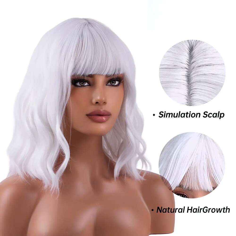 White Bob Synthetic Short Curly Wavy Lolita Natural Hair Wigs With Bangs For Women Heat Resistant Cosplay Wig