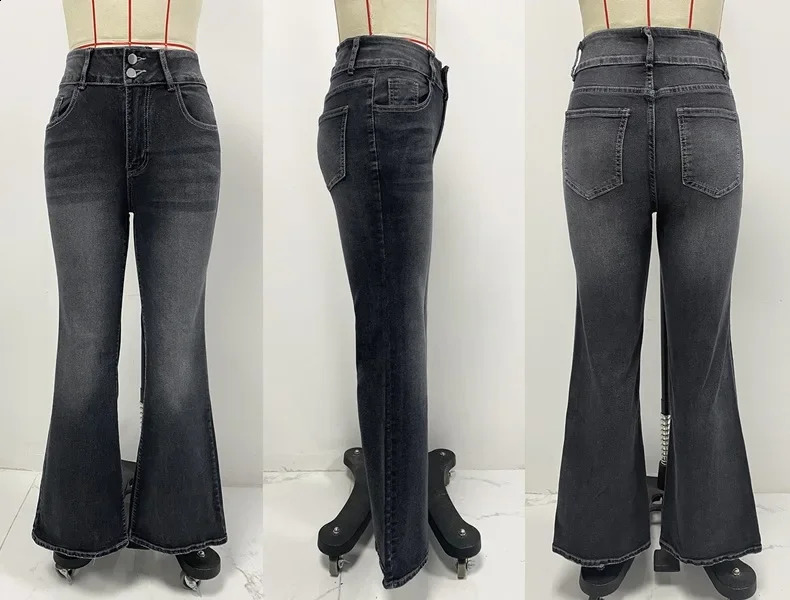 Jeans Flare Pants Womens Denim Long Pants Bodycon Casual Y2k Elegant Vintage Button Pocket Straight Trousers Zipper Streetwear 250225