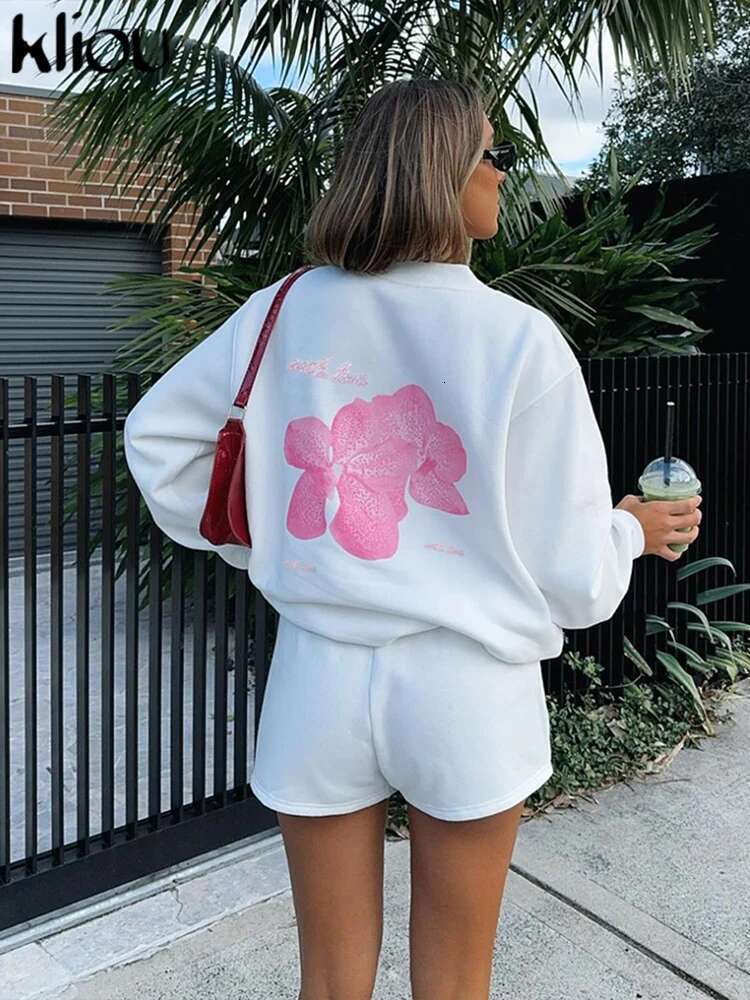 Kliou Casual Printed 2 Piece Women Concise Autumn Simple Long Sleeve O-Neck Sweatshirts+Elastic Waist Shorts Mujer Tracksuits