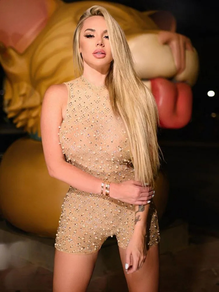 Sexy O-neck Sleeveless Jumpsuit Women Summer Beaded Mesh Rompers Skinny Elegant One Piece Apricot Fashion Combination Femme 250225