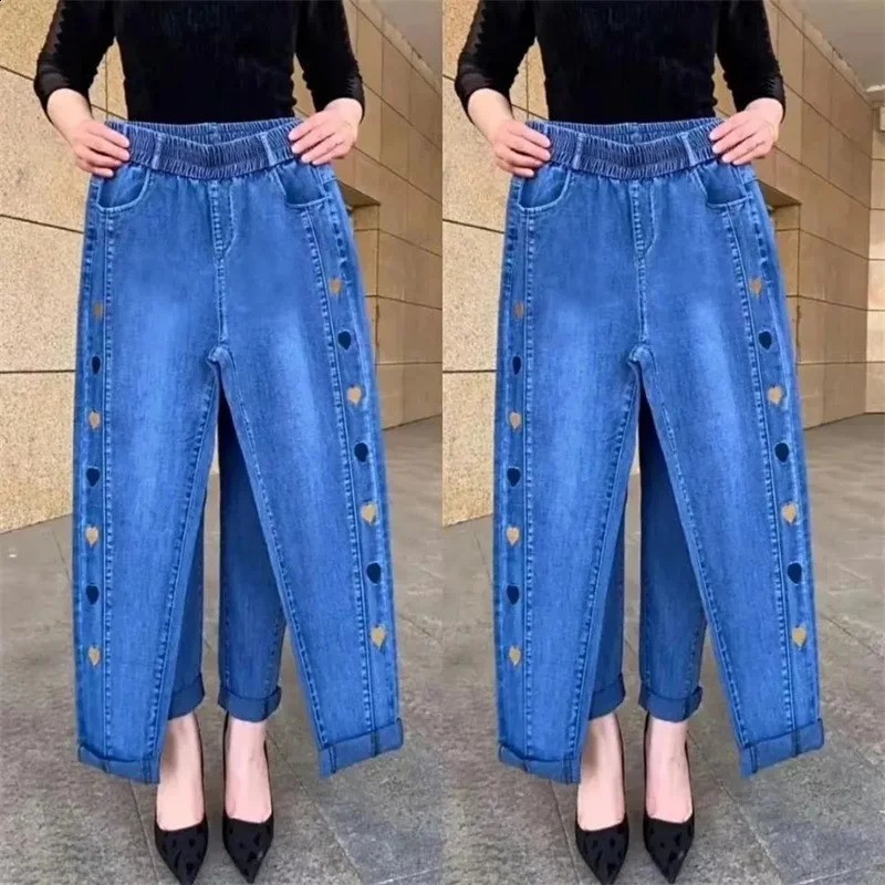 WinterEmbroidery Jeans Womens Elastic High Waist Jeans 5XL FashionWomen Black Blue Pocket Mom Jeans Skinny Stretch Pants Women 250225
