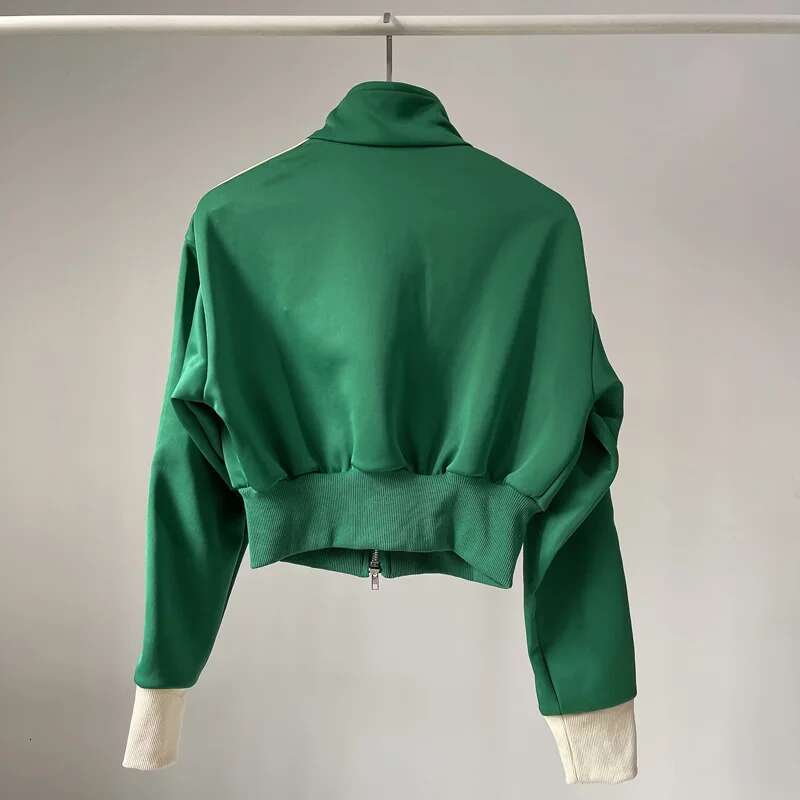 Spring Double Zipper Baseball Cropped Jacket Women Outerwear Embroidered Striped Green Black White Blue Zip Up Coat