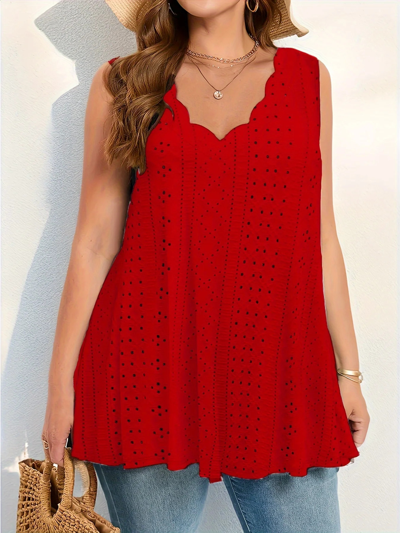 Plus Size Scallop Trim Tank Top Solid Sleeveless Eyelet Tank Top For Summer Womens Plus Size Clothing 250224