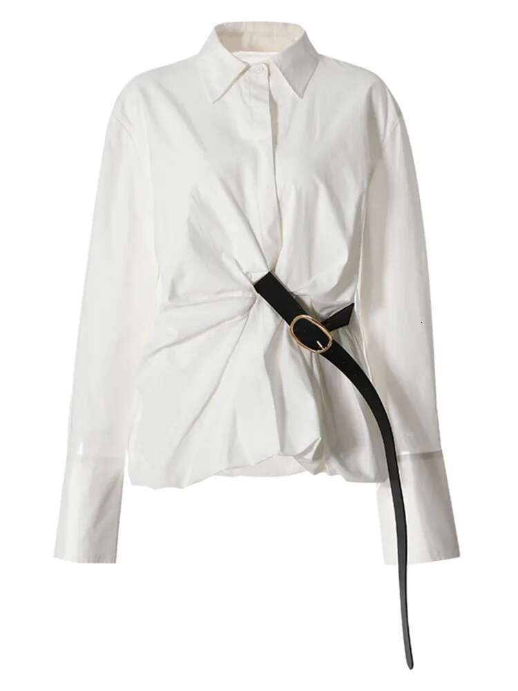 Solid Color Lapel Neck Long Sleeve Single Breasted With Belt Shirt For Women 2025 Spring Fashion Female New Blouse Zm620