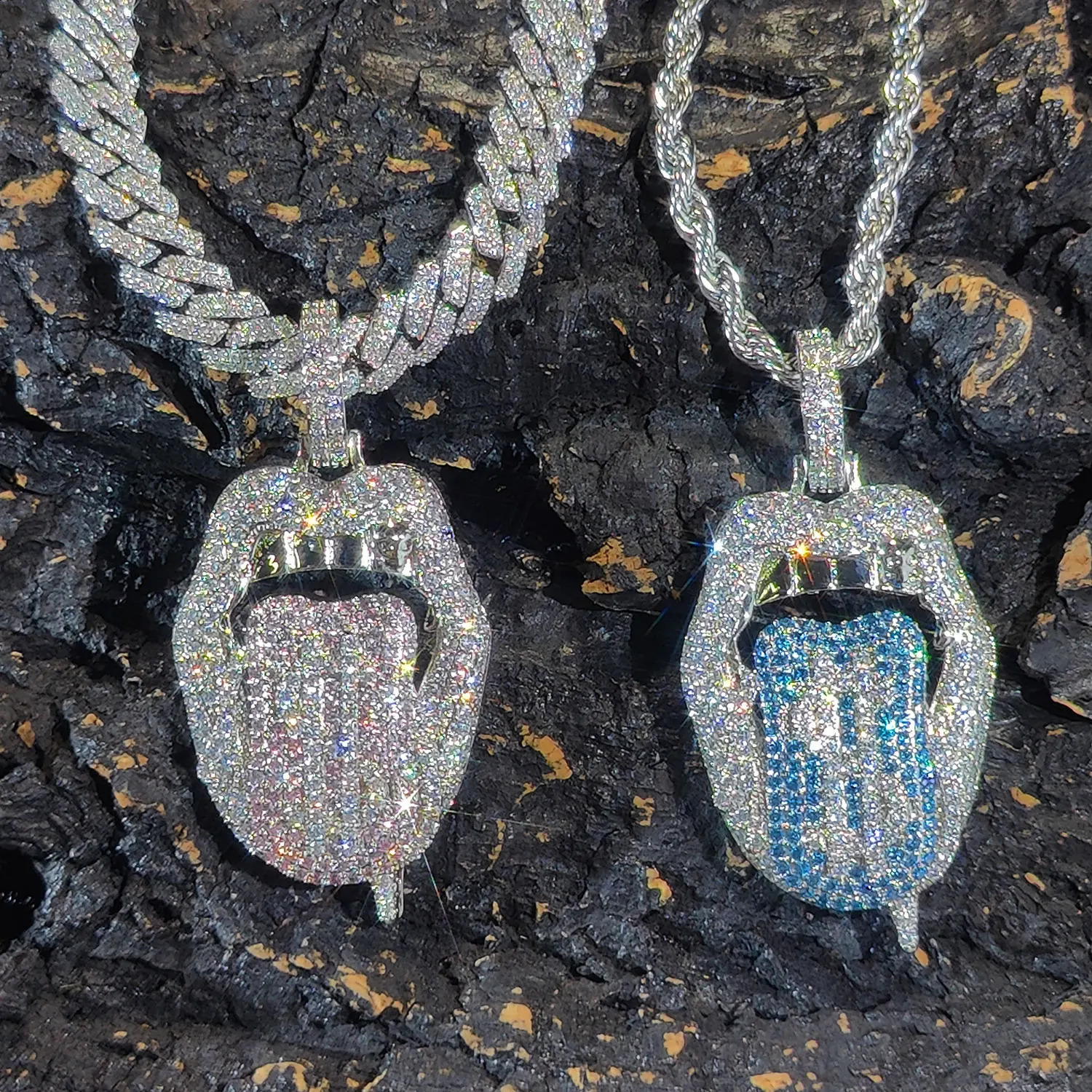 Iced Out Crazy Dollar Blazing Tongue Creative Pendant Full Shiny Colored CZ Necklace Hip Hop Charm Jewelry for Men Women 250228