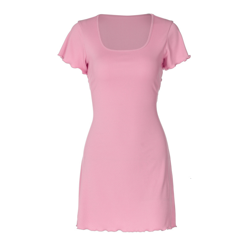 Wind Women's Clothing New4 Summer New Product Fashion Street Photography Solid Color Slim Fit Wave Edge Short Sleeved Dress