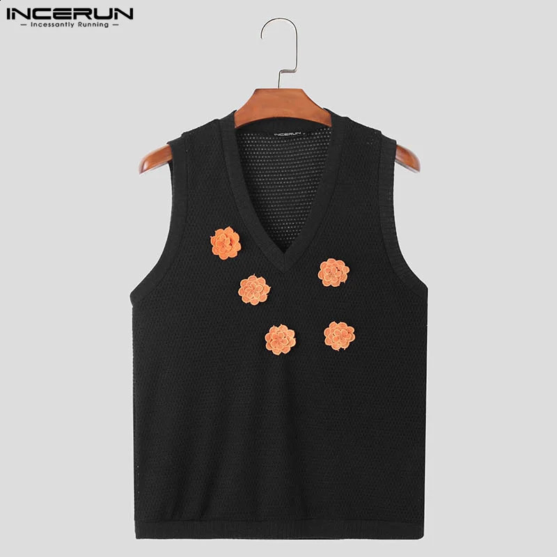 INCERUN Summer Tank Tops Men Sleeveless Mesh Tops Tee Fashion Hollow Out Shirt V Neck Floral Top Oversized Men Clothing S-3XL 250225