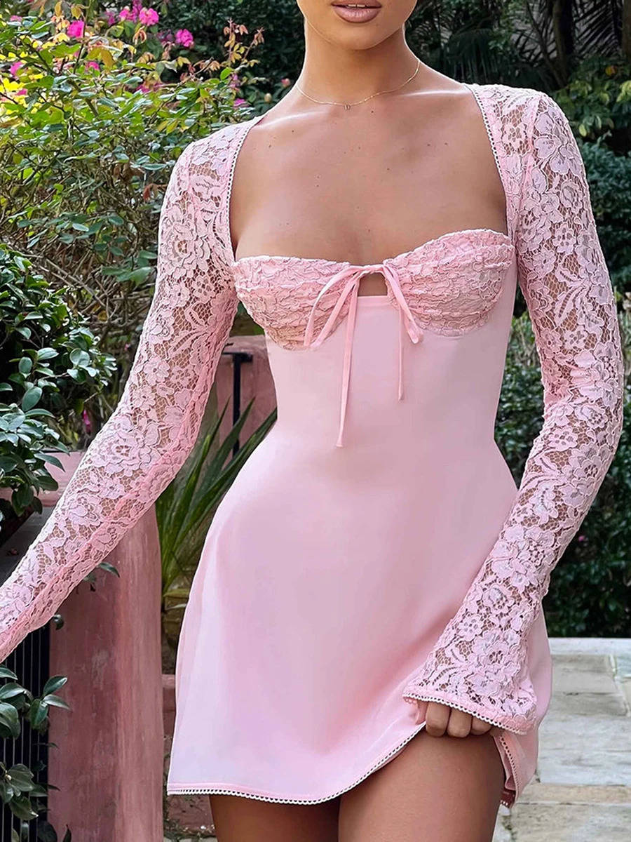 Elegant Hollow Out Lace Long Sleeve Shrug Mini Dresse Fashion Clothing 2023 White Tie up Backless Party Short Dress 250227