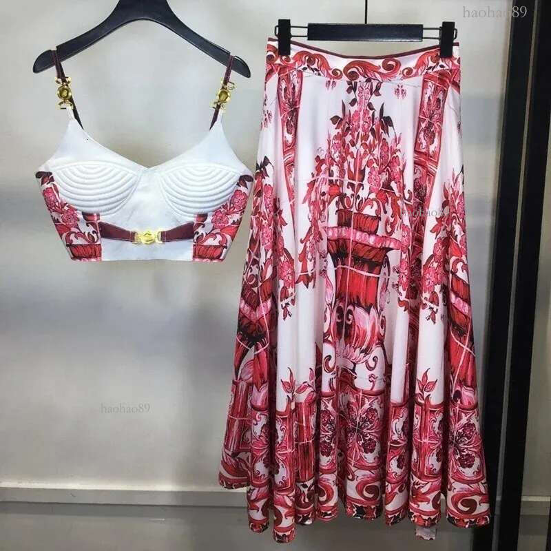 JAMERARY Summer Blue White Porcelain Two Pieces Set Women Straps Gold Button Tank Camis 4 Crop Tops Print Long Skirt Suit Beach