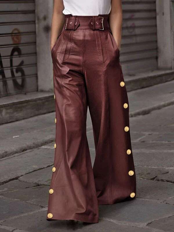 Modigirl Fall Winter Women's Faux Pu Long Pants 2024 Loose Pleated Button Streetwear High Waisted Wide Leg Trousers For Woman