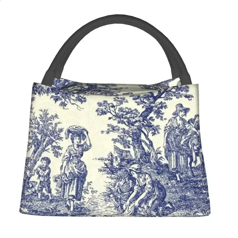 Toile De Jouy Blue Portable Lunch Box French Navy Blue Thermal Cooler Food Insulated Lunch Bag Hospital Office Pinic Container 250228