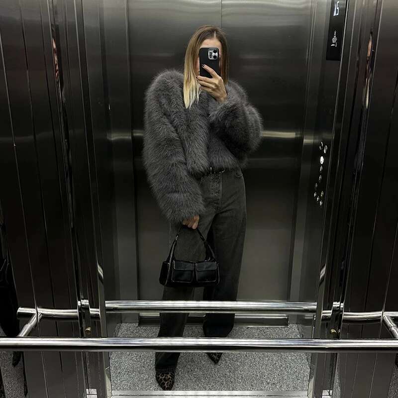 Neo Mint Street Fashion Girls Gray Fluffy Short Faux Fox Jacket Women Winter 2024 Hot Brand Thick Warm Eco Fur Coat Female