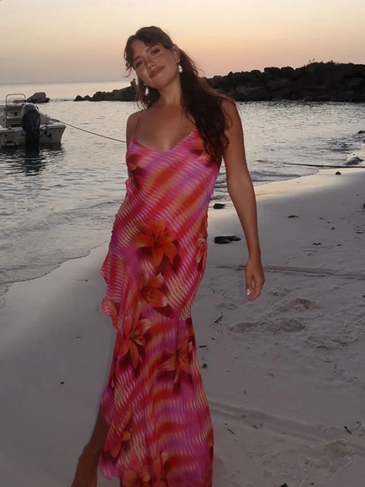 Sexy Camisole Printed Pleated Edge Womens Dress Fashion Colorful Backless High Slit Slim Fit Long Skirt Ladies Beach Wear 250226