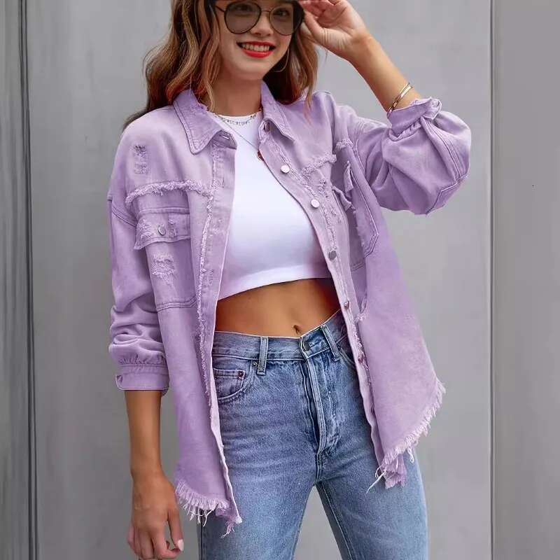 2024 New Broken Holes Solid Color Denim Jacket Ladies Comfortable Casual Loose Button Cardigan Coat Streetwear Women's Outerwear