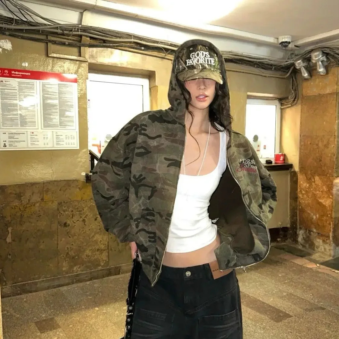 Retro High Street Hooded Camouflage Jacket Female Retro American Loose Plus Velvet Couple Zipper Jacket Y2K Sports Jacket 250228