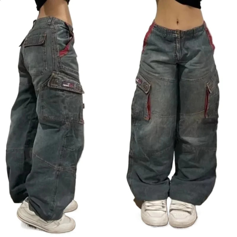 American hip-hop retro multi pocket oversized jeans womens street Y2K punk loose straight wide pants unisex mop jeans 250224