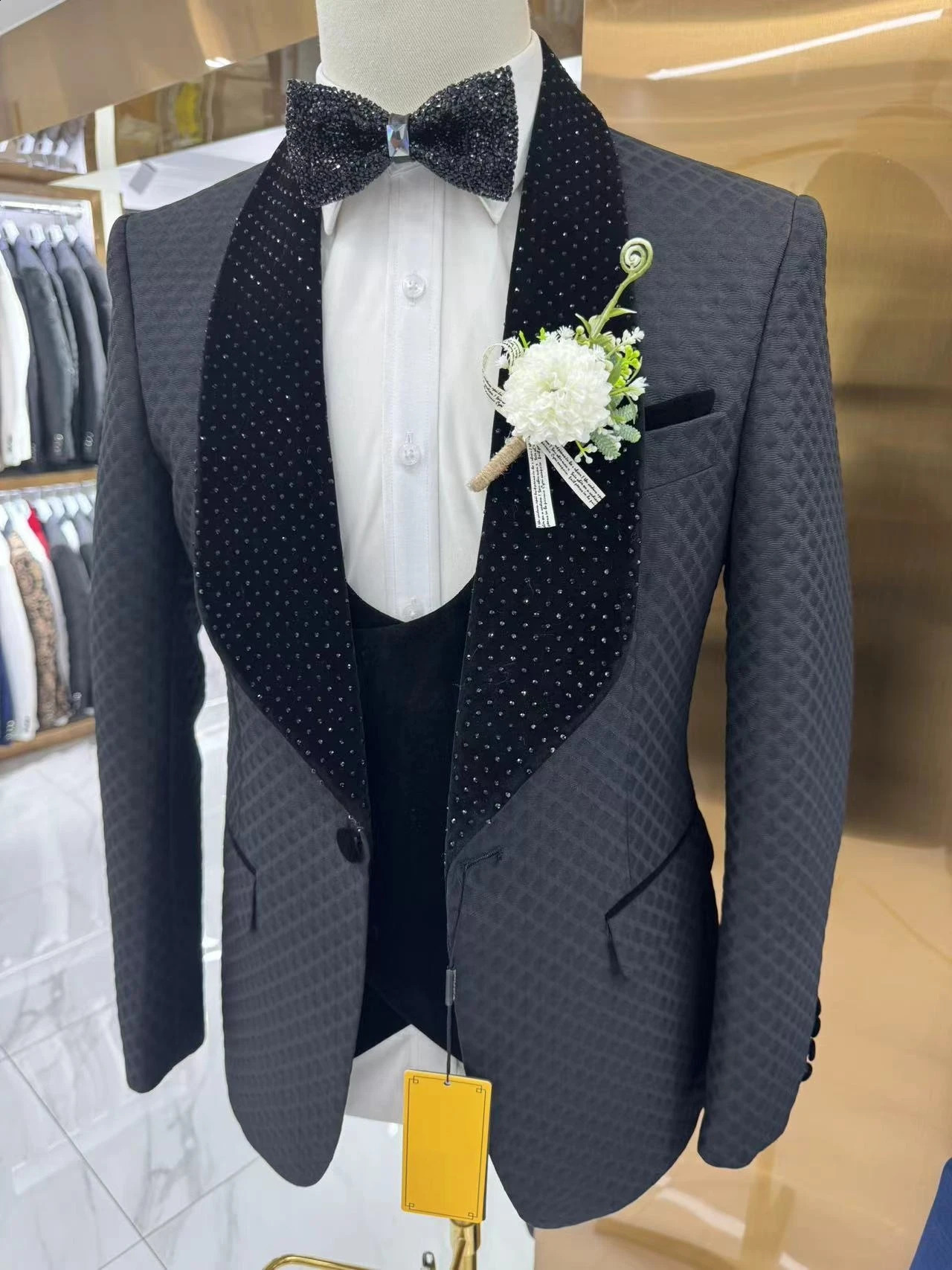Three Pieces Fashion Mens Suit Set with Glitter Shawl Neck Slim Fitted One Button Blazer Black Vest and Pants Party Tuxedo 250224