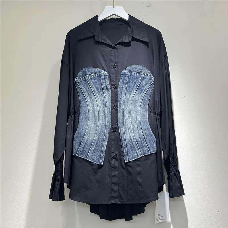 Korean Fashion Denim Patchwork Long Sleeve Striped Blouse Slim Single Breasted Temperament Women Shirt Spring 2025 Autumn