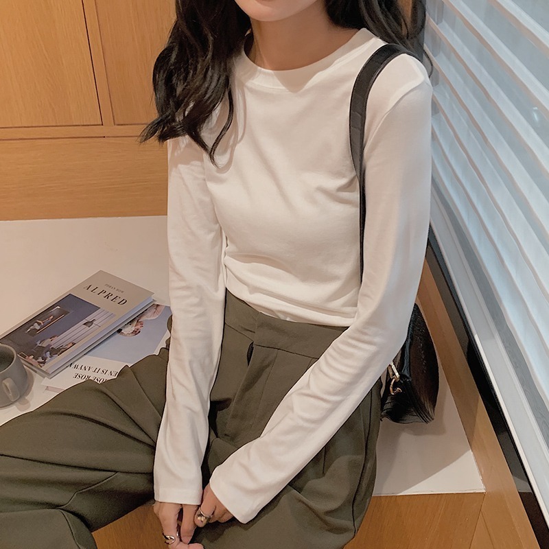 G190 Pure cotton simple white bottoming shirt for women Spring and autumn round neck long sleeve T-shirt for women