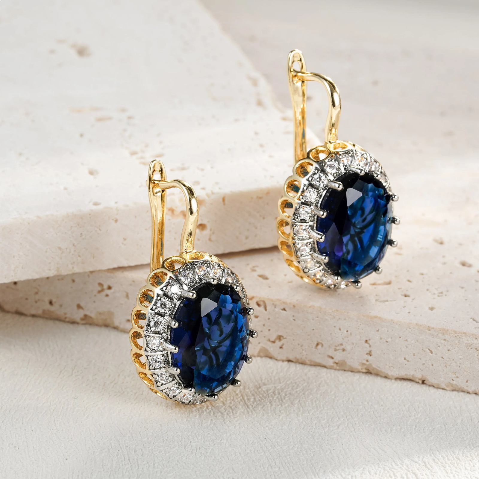 Ellipse inlaid vermiculite suit ring earrings Copper grade 18K gold fashion jewelry banquet accessories 250228