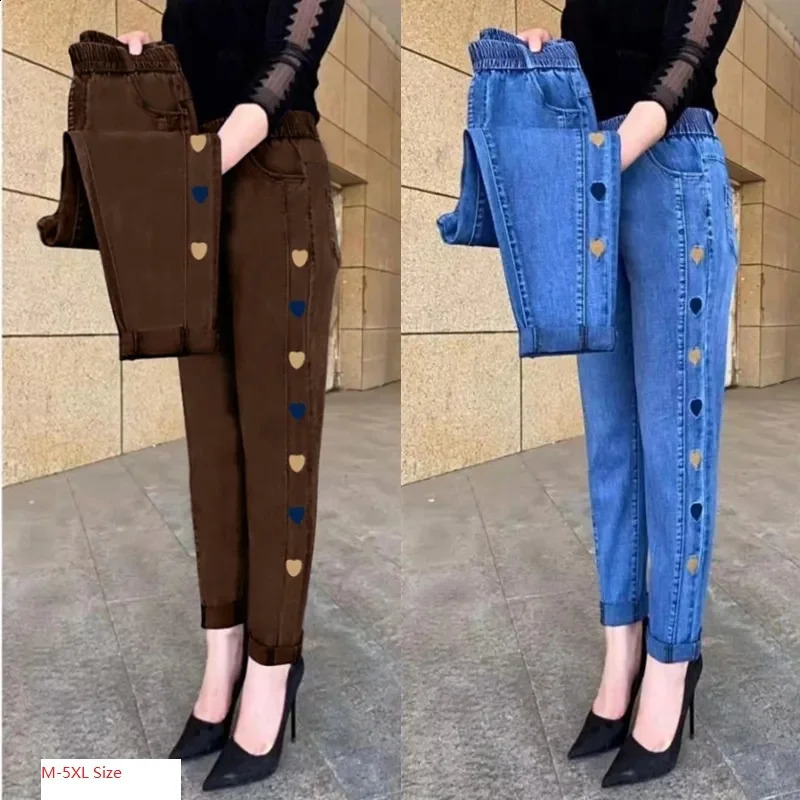 WinterEmbroidery Jeans Womens Elastic High Waist Jeans 5XL FashionWomen Black Blue Pocket Mom Jeans Skinny Stretch Pants Women 250225