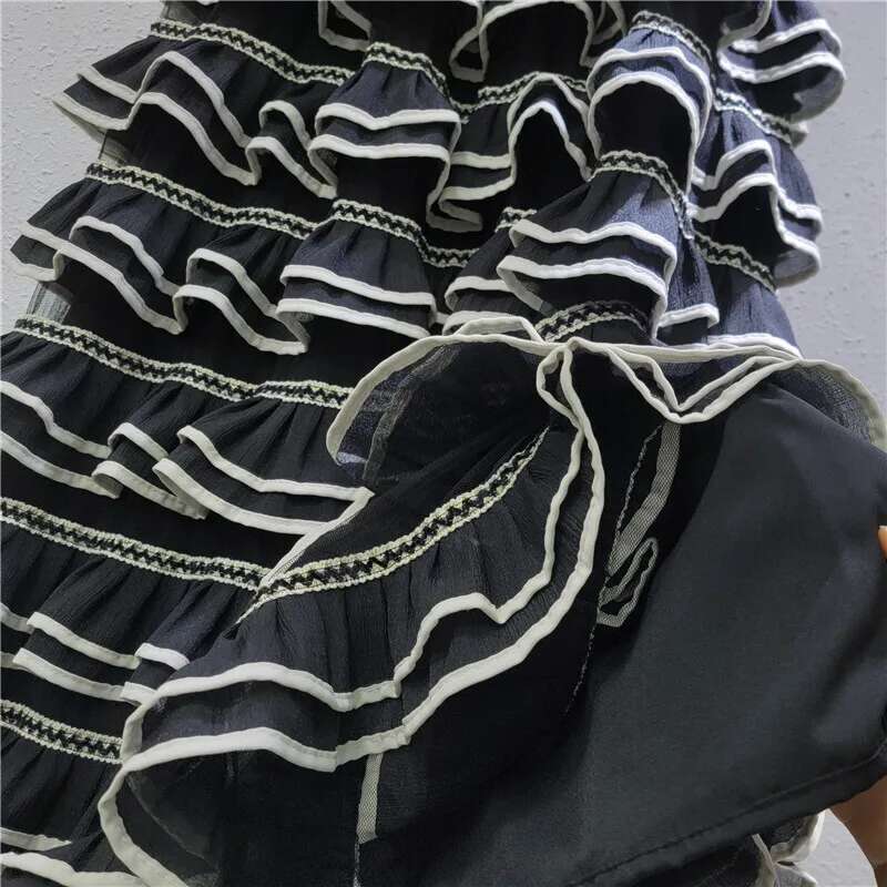 French Tierred Mesh Patchwork Cake Ruffled Edges Style Contrasting Color Sweet Temperament Women Skirt 2025 Spring 16O4194