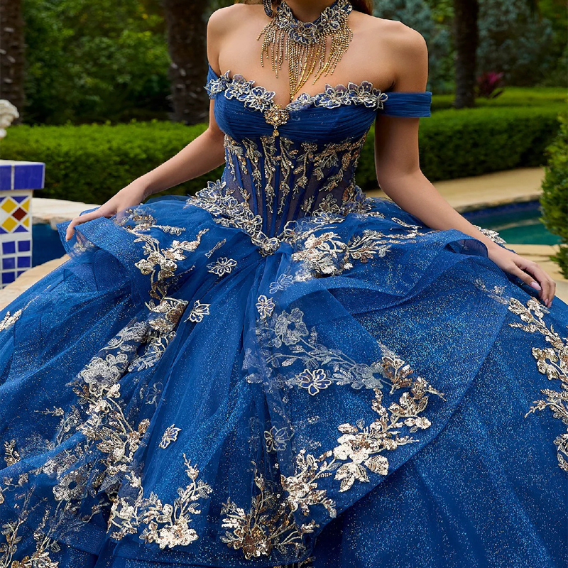 Royal Blue Shiny Quinceanera Dresses Ball Gown Off Shoulder Gold Applique Lace Beads Bow Tull Corset Sweet 16 Dress Vestidos 15 De Anos
