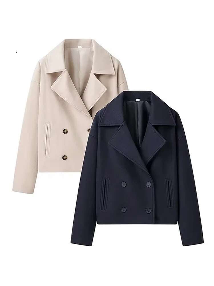 Designer 2024 Autumn Winter Coats Women Casual Double Breasted Turn Down Collar Female Short Jackets Chic Lady Loose Demi Season Outcoat