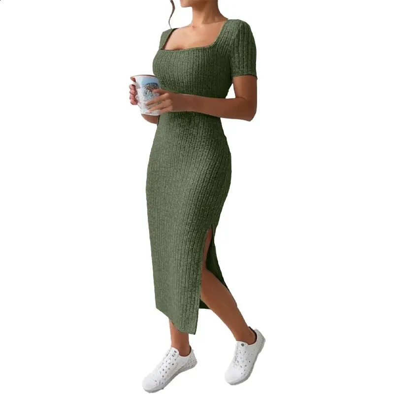 Summer Square Neck HipHugging MidLength Skirt ShortSleeved Versatile Knitted Slit Dress 250227Z