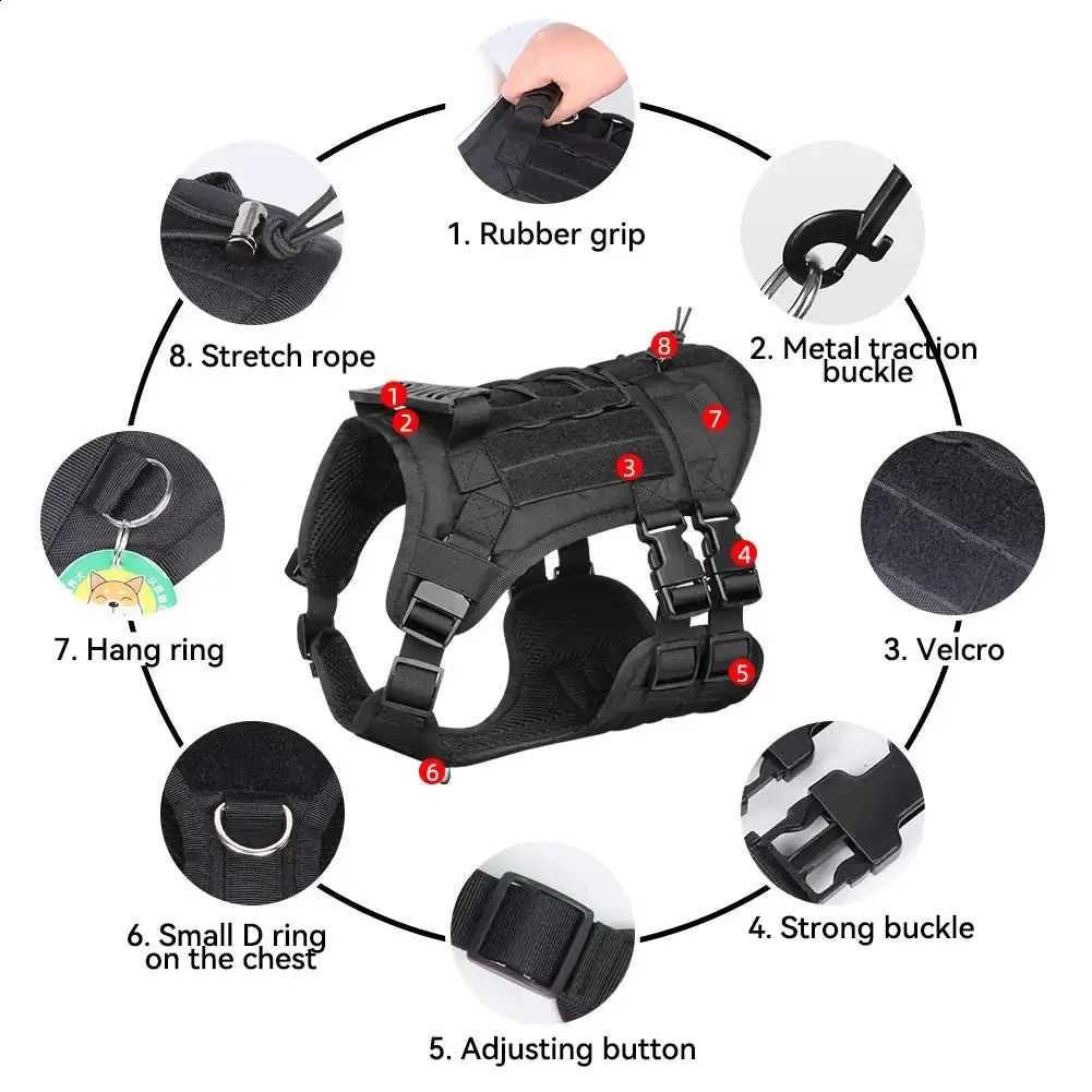 10-45kg Pet Dog Harness Tactical Vest Outdoor Training Walking Pet Leash for Medium Large Dogs Golden Retriever Accessories 250224