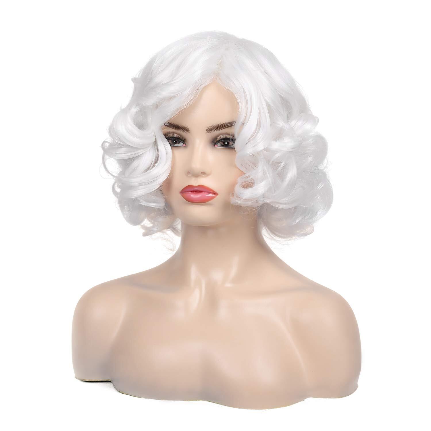 Baruisi Women's Short Curly White Synthetic Natural Wave Clothing Wig Role Playing Party
