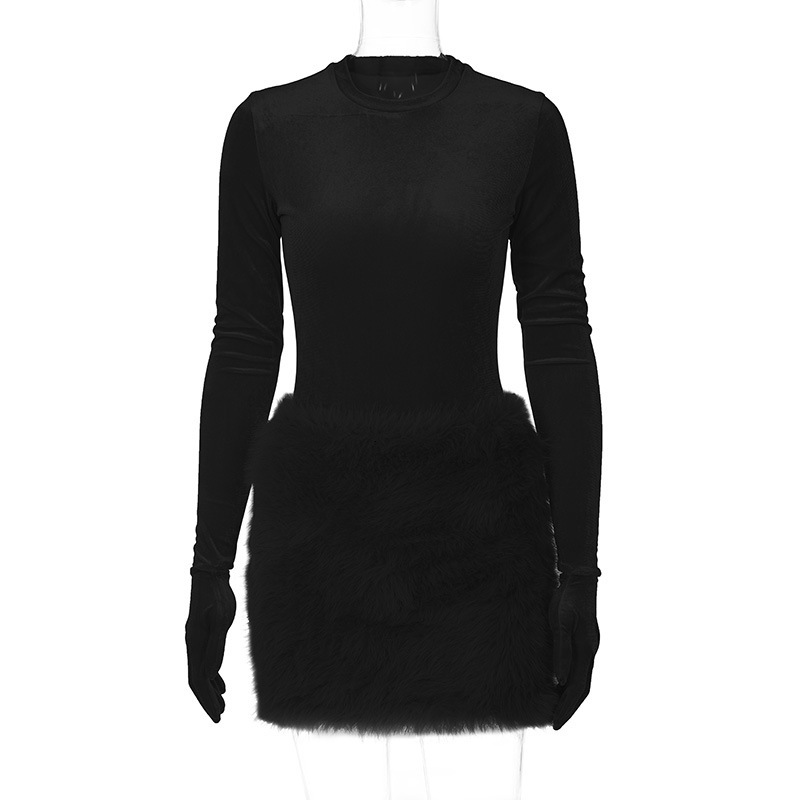 Women's Clothing New Autumn And Winter New Product Fashionable Round Neck Long Sleeved Jumpsuit Slim Fit Plush Skirt Set