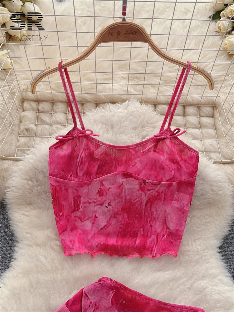 SINGREINY Fashion Sexy Two Piece Set Women Strap Camisole Ruffles Elastic Waist Mini Skirt Vacation Summer Slim Pink Suit 250228