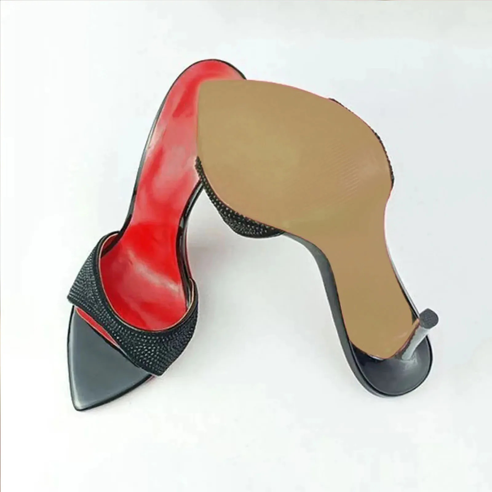 Arden Furtado Summer Suede Pointed Open toe Slip-on Thin heel Super high heel Sexy Crystal Word slippers Outdoor wear Mules 250228