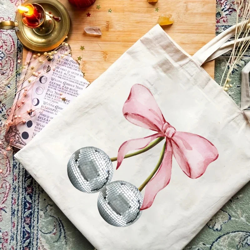 1pc Women Canvas Shoulder Cherry Pattern Shopper Fabric Handbag Students Books Bag Shopping Handbags Tote For Girl 250221