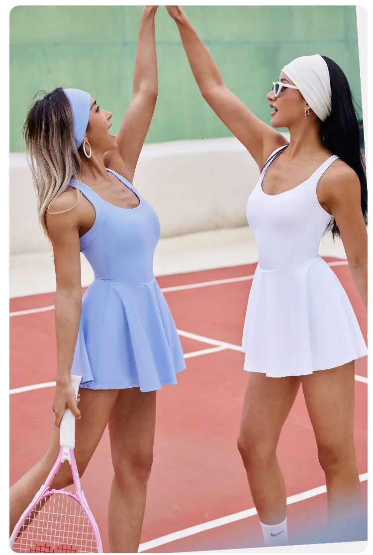 Women Tennis Dress One-Pieces Slim Fit Soft Sports Sets Golf Badminton Skorts Back Cross Tracksuits With Chest Pads Yoga Suits
