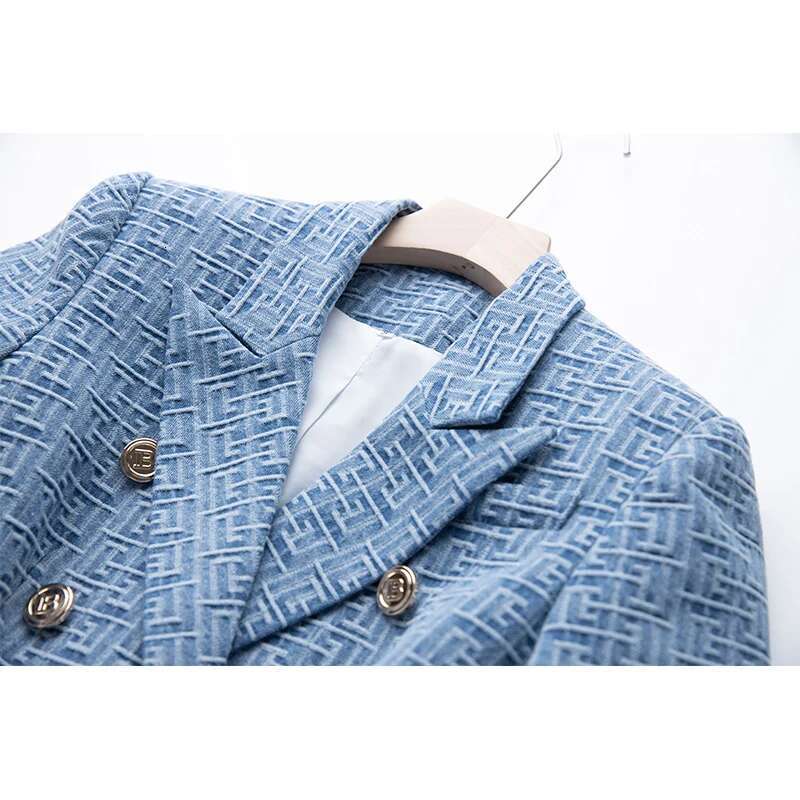 Custom Washed Fabric Wholesale Geometric Pattern Denim Jackets For Ladies Women Fashion Blazer With Belt