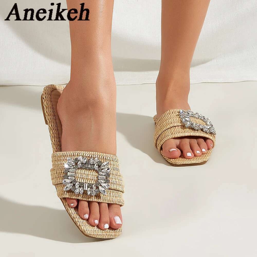 Summer Casual Aneikeh Fashion Square Headed Cane Knitted Heels for Women Slippers Flat Bottom Crystal Sandals Beach Slides