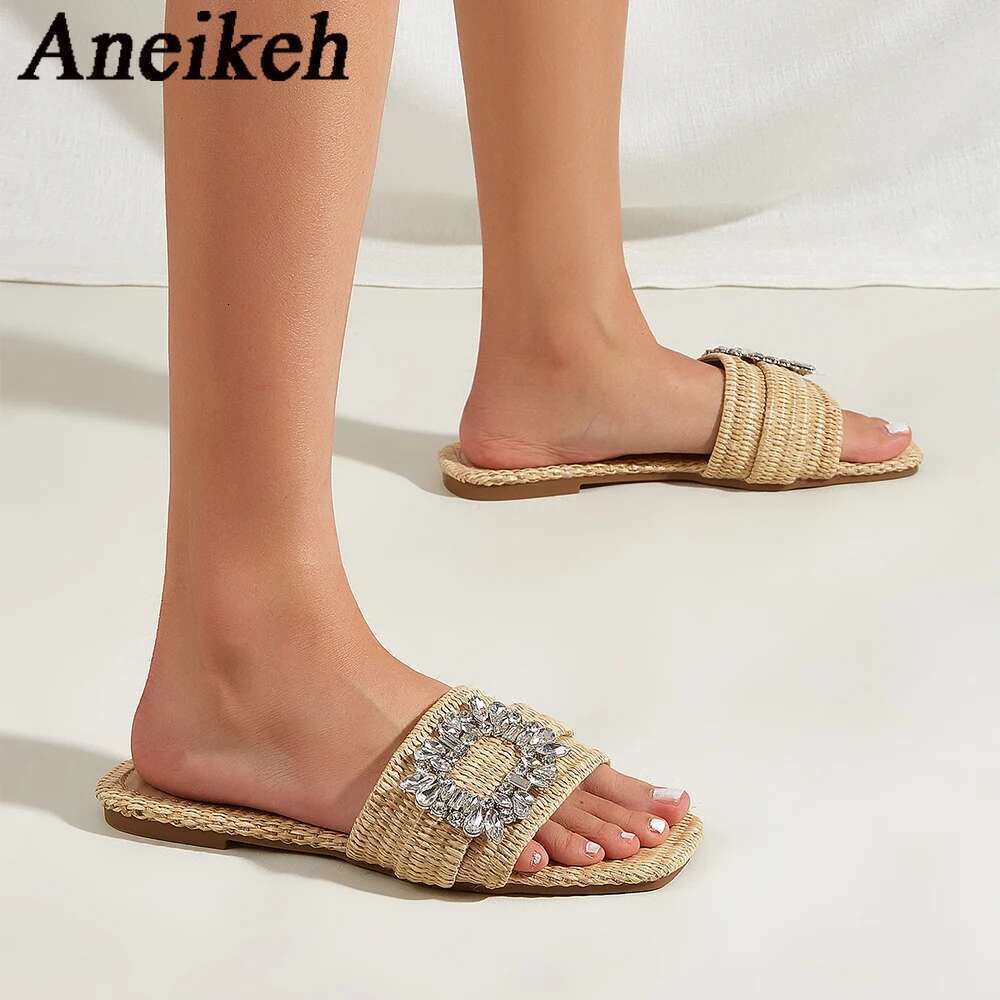 Summer Casual Aneikeh Fashion Square Headed Cane Knitted Heels for Women Slippers Flat Bottom Crystal Sandals Beach Slides