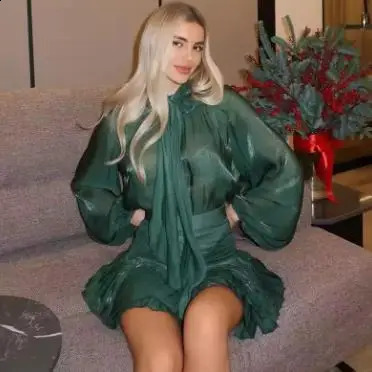 Elegant Lace Up Bow Puff Long Sleeve Mini Dresses Sexy Slim Solid Pleated Skirt Fashion Women 2025 High Street Vestdios 250227Z