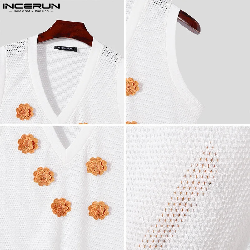 INCERUN Summer Tank Tops Men Sleeveless Mesh Tops Tee Fashion Hollow Out Shirt V Neck Floral Top Oversized Men Clothing S-3XL 250225