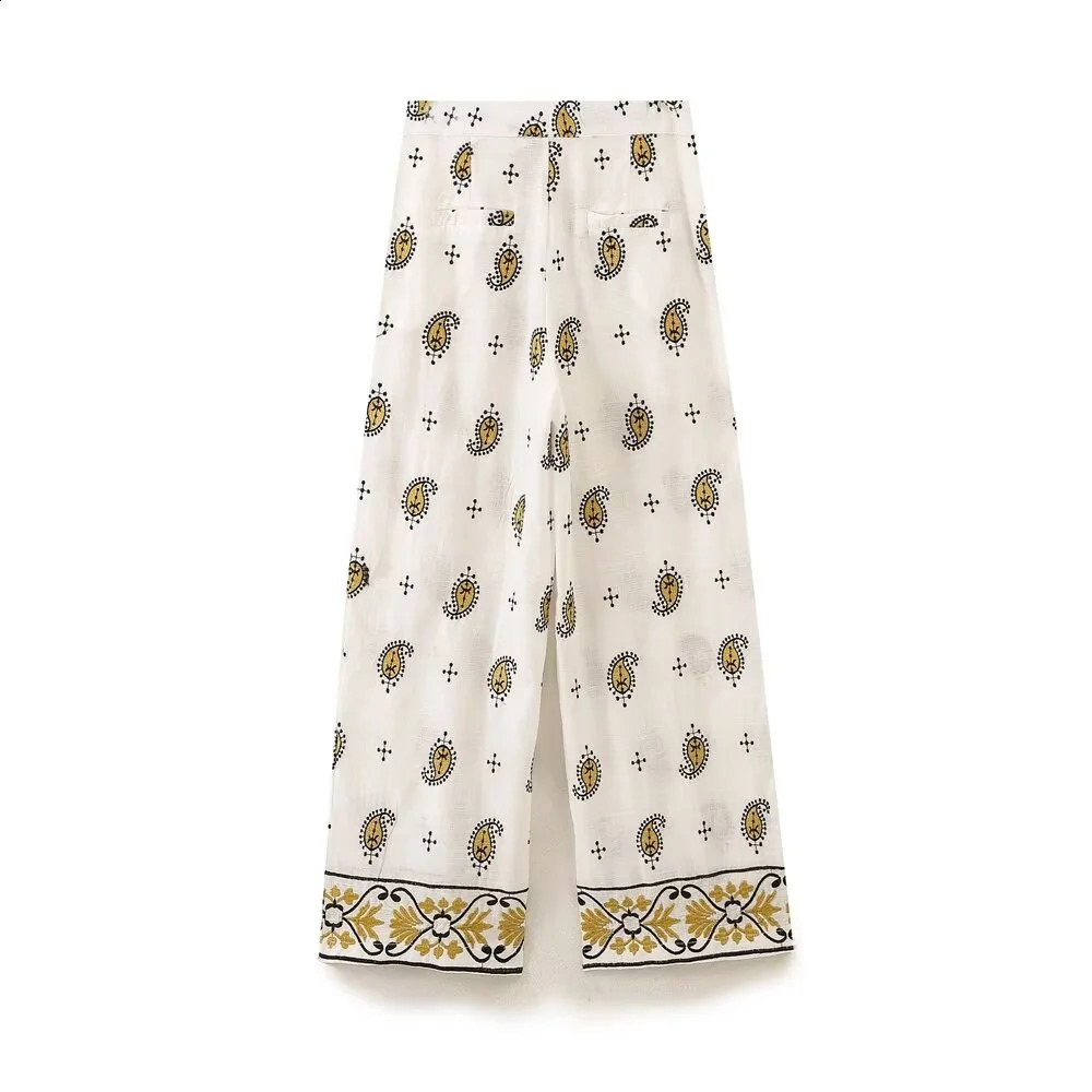 TRAF 2024 Autumn Product Womens Fashion Charm Horn Sleeve Cashew Flower Suit Coat Casual Wide Leg Pants Set 250225