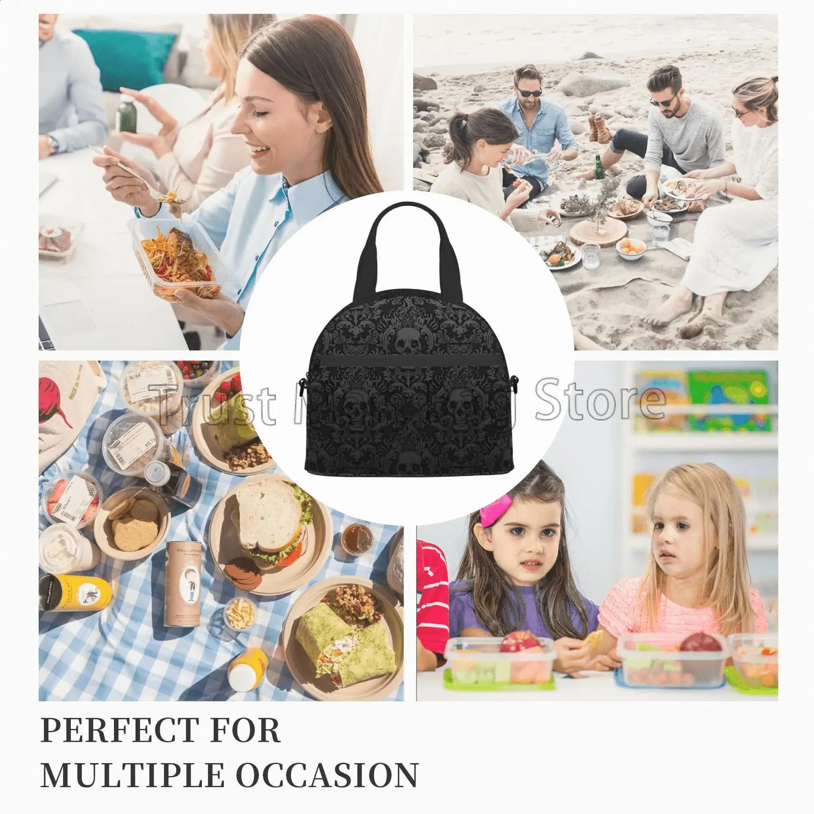 Gothic Black Skull Damask Insulated Lunch Bag Unisex Lunch Box with Detachable Shoulder Strap Reusable Thermal Cooler Tote Bag 250228