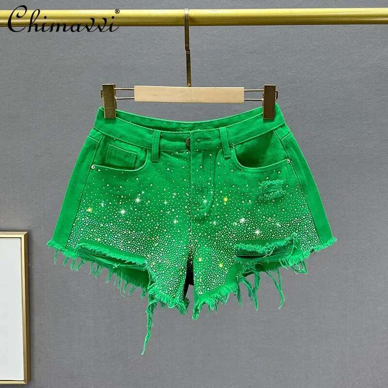 Heavy Ripped Denim Shorts Women's Hot 2023 Summer New High Waist Slimming European Color Rhie Jean Wide Leg Pants