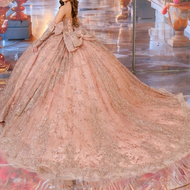 Pink Shiny Quinceanera Dresses Ball Gown Off The Shoulder Applique Lace Beads Bow Corset Tull Party Birthday Sweet 16 Vestidos 15 Anos