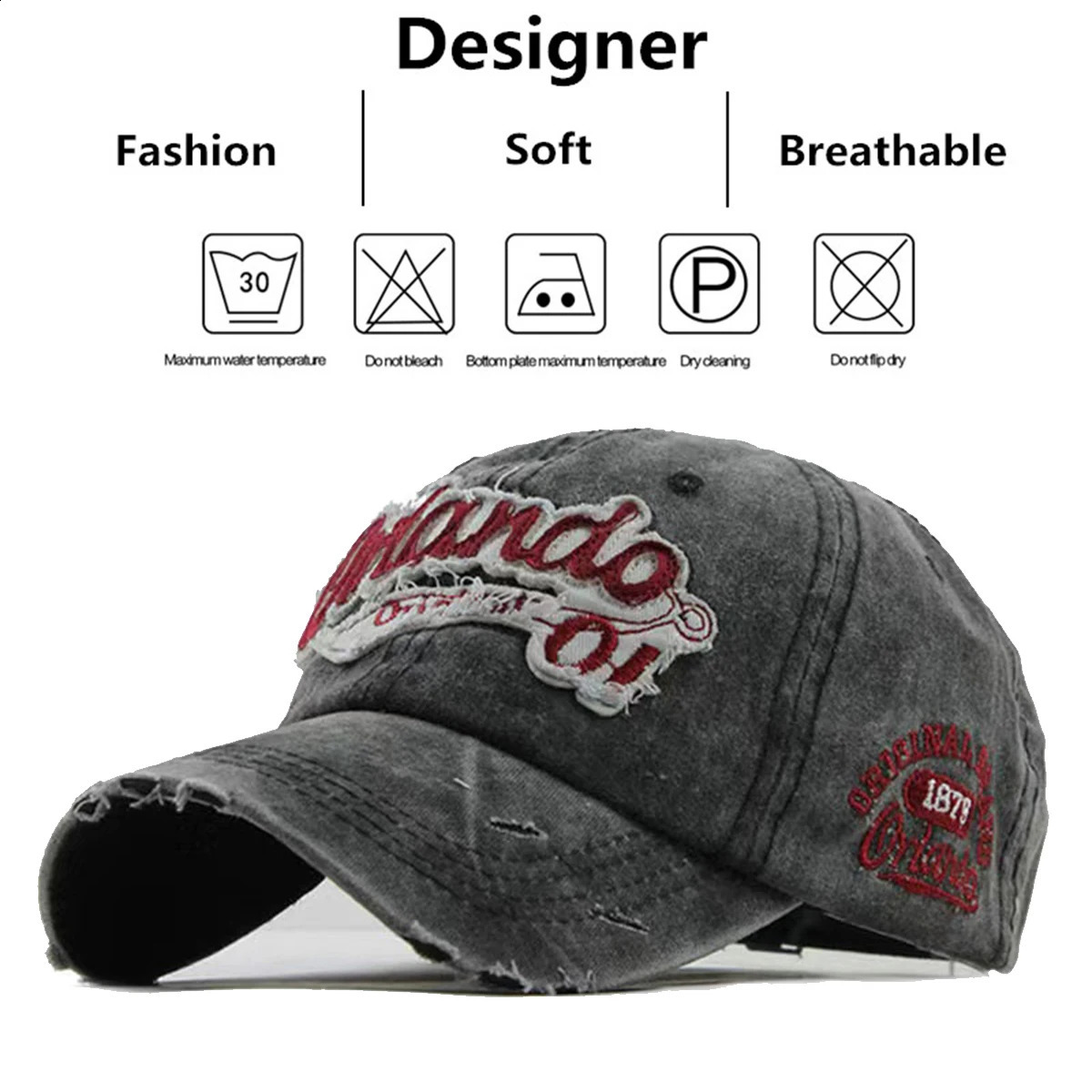 Unisex Orlando 01 letter embroidered washed baseball cap spring and autumn outdoor adjustable casual sun protection 250228